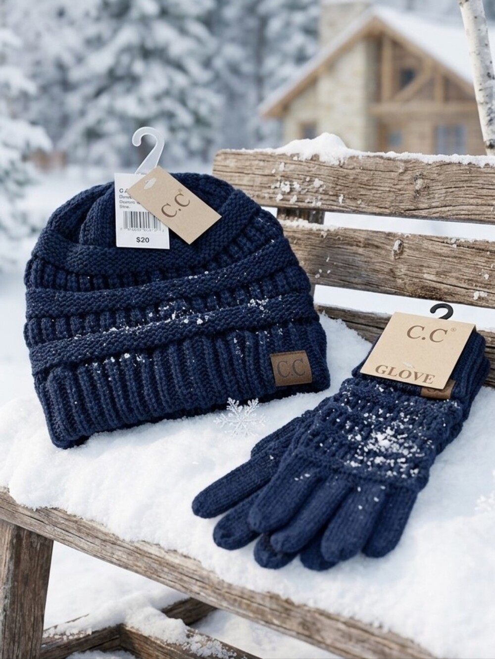 C.C. Black Cable Knit Beanie Hat and Gloves Matching Winter Set. NWT